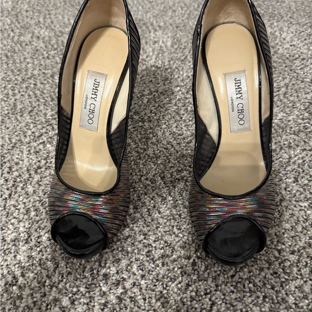 Jimmy Choo Black Mesh Heels Elegant Peep-Toe Design